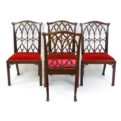 1753 - A set of four early 20thC mahogany Chinese Chippendale style Gothic side chairs, with lancet style t... 