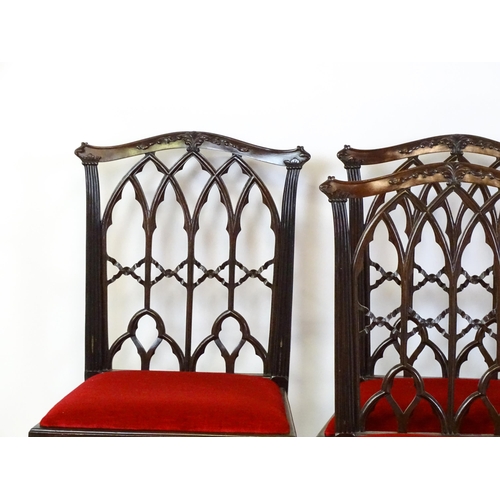 1753 - A set of four early 20thC mahogany Chinese Chippendale style Gothic side chairs, with lancet style t... 