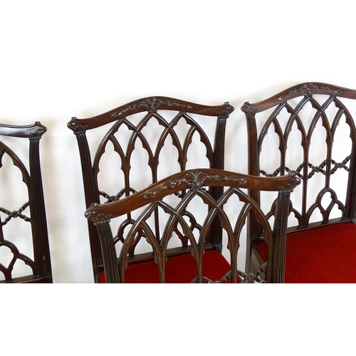 1753 - A set of four early 20thC mahogany Chinese Chippendale style Gothic side chairs, with lancet style t... 