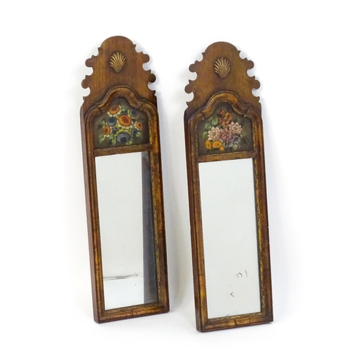 1755 - A pair of Georgian style walnut wall mirrors with shaped tops, applied shell motifs, heavily moulded... 