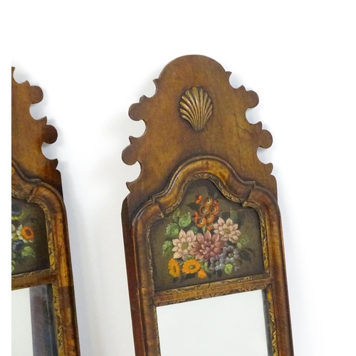 1755 - A pair of Georgian style walnut wall mirrors with shaped tops, applied shell motifs, heavily moulded... 