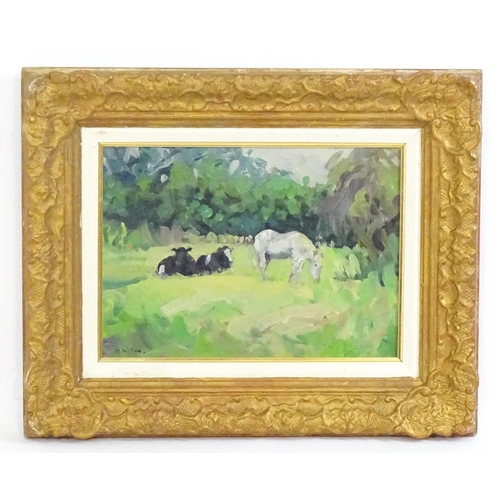 1815 - Geoffrey Wilson (1920-2010), Oil on canvas board, Two resting cows and a grey horse in a meadow. Sig... 