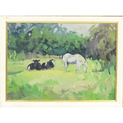 1815 - Geoffrey Wilson (1920-2010), Oil on canvas board, Two resting cows and a grey horse in a meadow. Sig... 