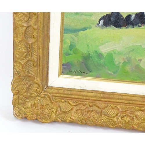 1815 - Geoffrey Wilson (1920-2010), Oil on canvas board, Two resting cows and a grey horse in a meadow. Sig... 