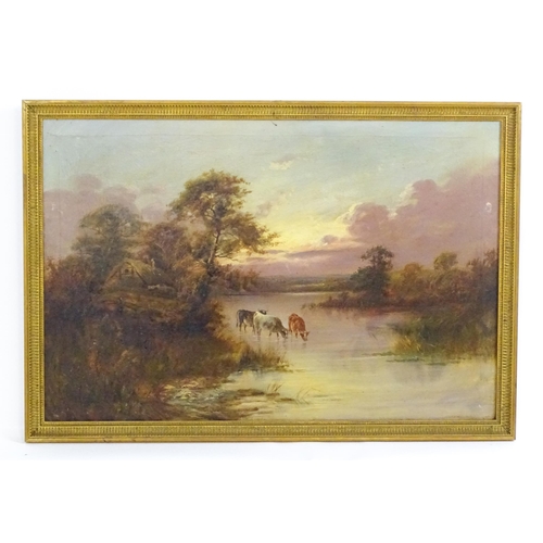 1821 - F. Hall, Early 20th century, Oil on canvas, A river landscape scene with cattle watering. Signed low... 