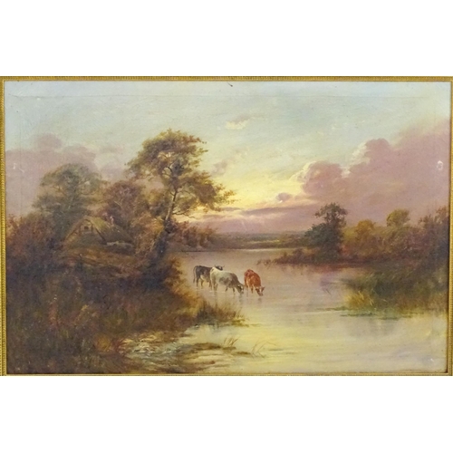 1821 - F. Hall, Early 20th century, Oil on canvas, A river landscape scene with cattle watering. Signed low... 