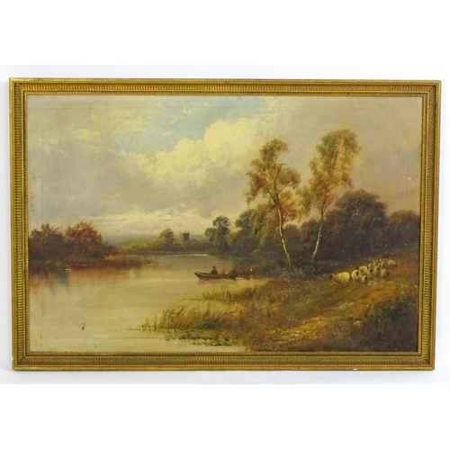 1822 - F. Hall, Early 20th century, Oil on canvas, A wooded river landscape scene with a figure fishing, an... 