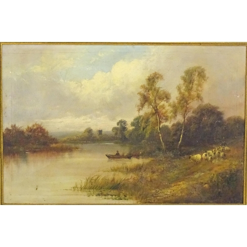 1822 - F. Hall, Early 20th century, Oil on canvas, A wooded river landscape scene with a figure fishing, an... 