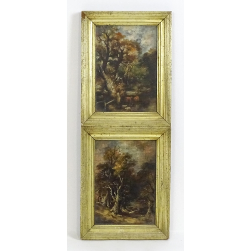 1825 - 19th century, Oil on panel, Autumn and Winter, A pair of woodland scenes with sheep, cows and a farm... 