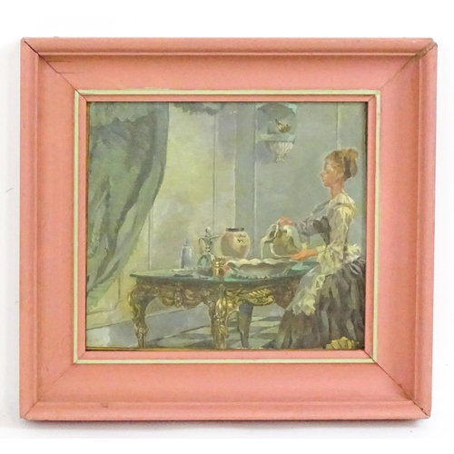 1827 - 20th century, Oil on canvas laid on board, An elegant interior scene with a lady with a wash jug and... 