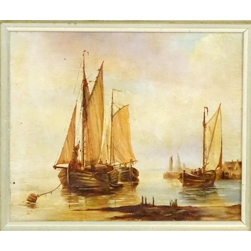 1829 - 20th century, Continental School, Oil on board, A harbour scene with fishing boats and figures. Sign... 