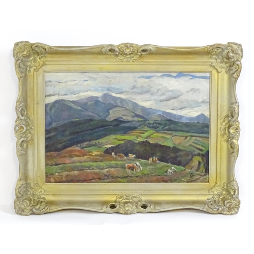 1836 - 20th century, Oil on canvas, A mountain landscape scene with cows, goats and figures. Signed with mo... 