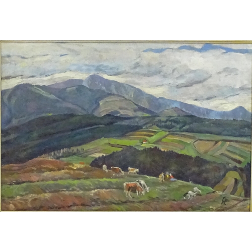 1836 - 20th century, Oil on canvas, A mountain landscape scene with cows, goats and figures. Signed with mo... 