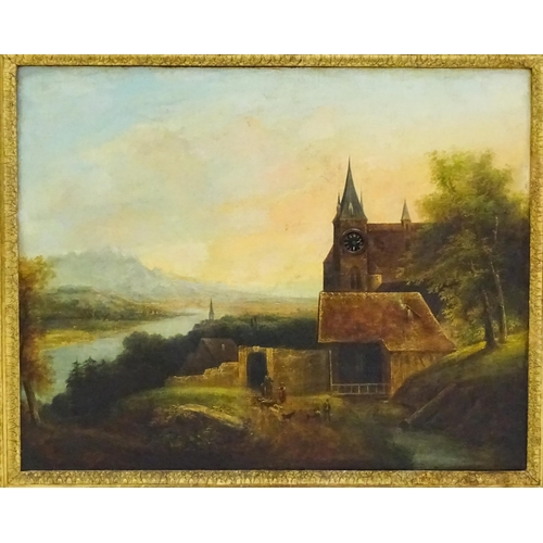 1845 - 19th century, Continental School, Oil on canvas with clock striking on a gong, An Alpine village sce... 