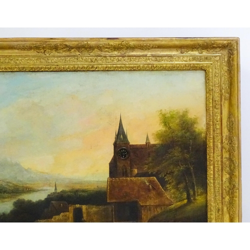 1845 - 19th century, Continental School, Oil on canvas with clock striking on a gong, An Alpine village sce... 