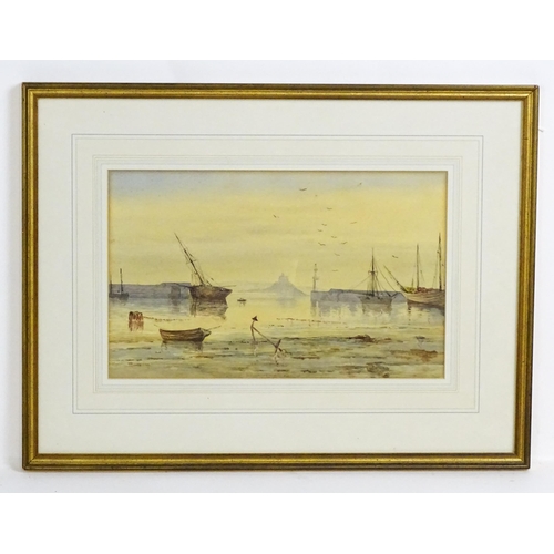 1890 - 19th century, English School, Watercolour, A harbour scene with a view of Mont St Michel. Approx. 8 ... 