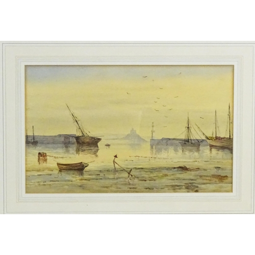 1890 - 19th century, English School, Watercolour, A harbour scene with a view of Mont St Michel. Approx. 8 ... 