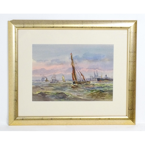 1891 - Michael Crawley, Watercolour, Thames Barges off Tilbury with sail boats, steam tug, etc. Signed lowe... 