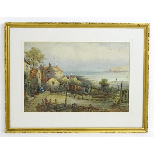 1895 - 19th century, English School, Watercolour, A coastal village scene with figures on a path and beach ... 