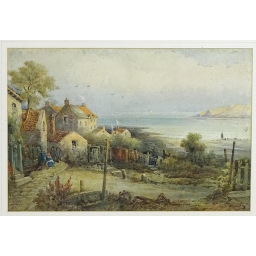 1895 - 19th century, English School, Watercolour, A coastal village scene with figures on a path and beach ... 