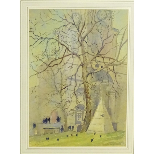 1897 - James Jerram, 20th century, Watercolour, Sunday Morning, Limehouse Church, London, Figures and birds... 