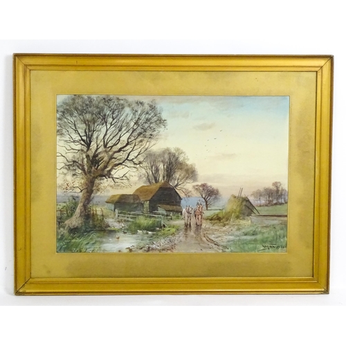 1901 - Henry Charles Fox (1860-1929), Watercolour, A farmyard scene at sunset with a farmer, two horses, ha... 