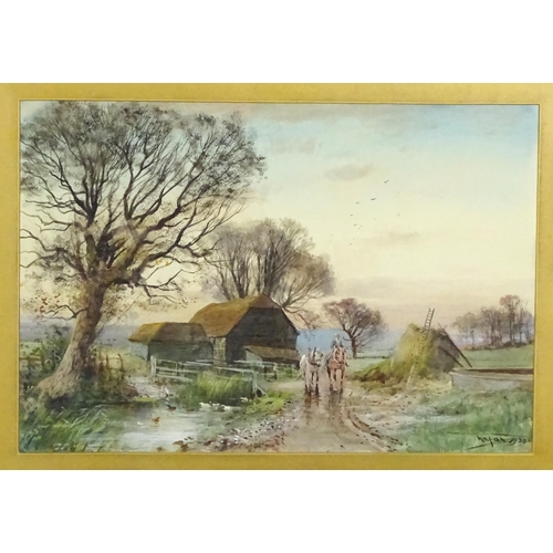 1901 - Henry Charles Fox (1860-1929), Watercolour, A farmyard scene at sunset with a farmer, two horses, ha... 