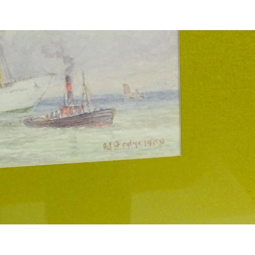 1907 - Manner of Arthur James Wetherall Burgess, 20th century, Watercolour, A steam ship and tug boat. Sign... 