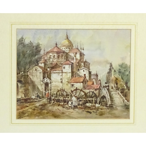 1910 - 19th century, Continental School, Watercolour, A view of a townscape with a river with water wheels,... 