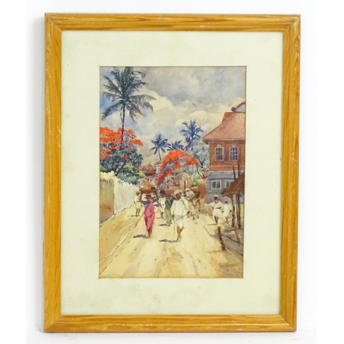 1911 - 19th century, Watercolour, Indian figures walking on Parell (Parel) Road, Bombay (Mumbai), India. Si... 