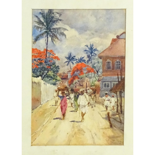 1911 - 19th century, Watercolour, Indian figures walking on Parell (Parel) Road, Bombay (Mumbai), India. Si... 