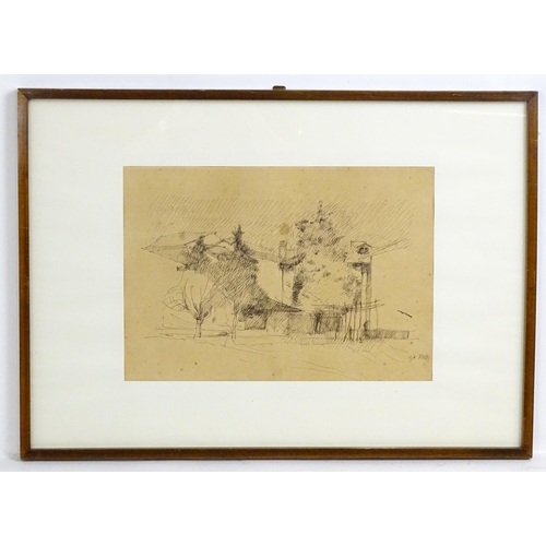 1954 - Early 20th century, Italian School, Pen and ink drawing, A village scene with trees and buildings. S... 