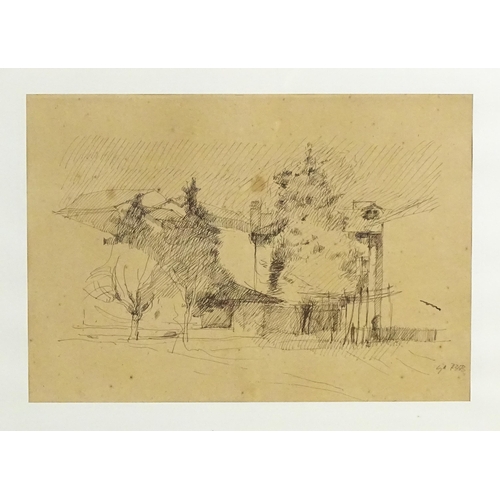 1954 - Early 20th century, Italian School, Pen and ink drawing, A village scene with trees and buildings. S... 