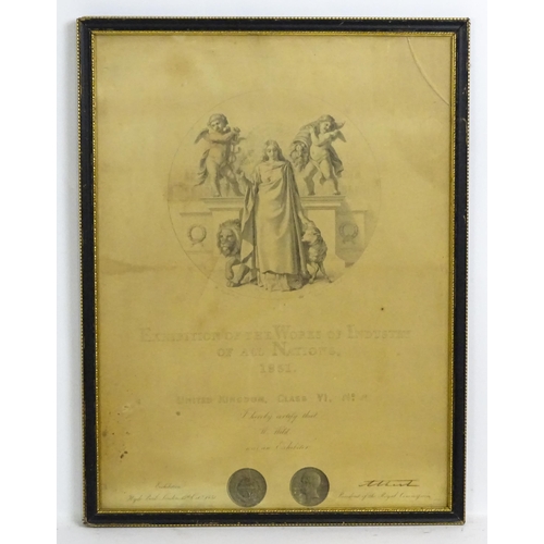 1957 - 19th century, Engraving, An 1851 Great Exhibition Exhibitor's certificate for W. Wild, titled Exhibi... 