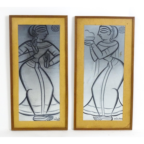 1983 - Jamini Roy (1887-1972), Indian School, Tempera on handmade paper, A pair, one depicting a dancing la... 