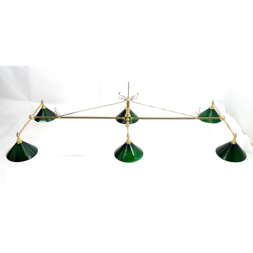 1530 - A large hanging six light brass snooker / billiard table light with scroll detail. Approx. 101