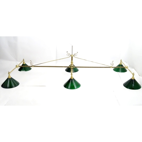 1530 - A large hanging six light brass snooker / billiard table light with scroll detail. Approx. 101