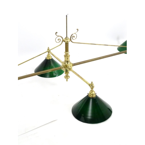 1530 - A large hanging six light brass snooker / billiard table light with scroll detail. Approx. 101