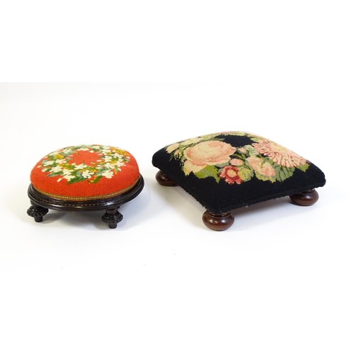 13 - Two early 20thC footstools with needlework upholstered tops and each raised on four short feet. The ... 