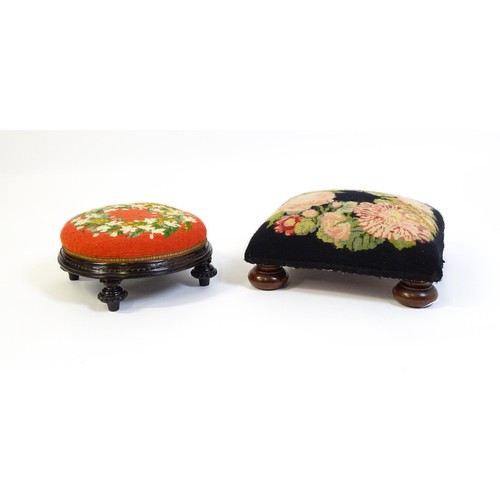 13 - Two early 20thC footstools with needlework upholstered tops and each raised on four short feet. The ... 