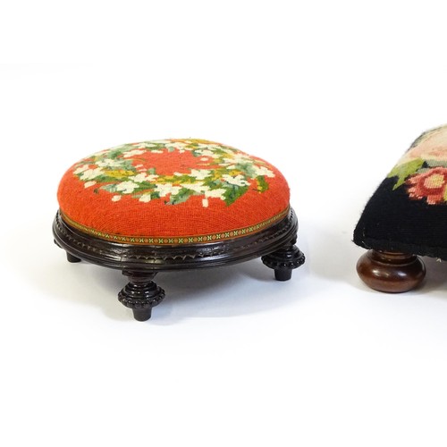 13 - Two early 20thC footstools with needlework upholstered tops and each raised on four short feet. The ... 