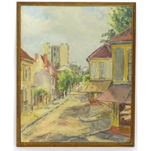 64 - 20th century, Oil on board, A Continental street scene. Approx. 12 3/4