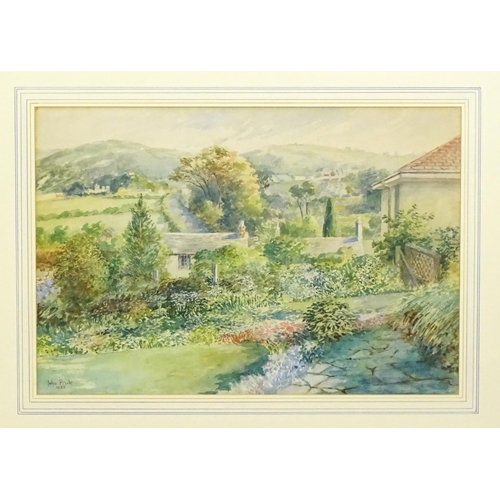 96 - John Pride, 20th century, Watercolour, An English garden with flowers and trees, with view of hills ... 