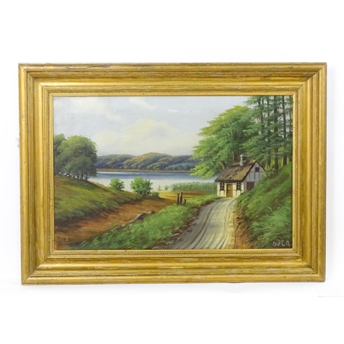 101 - Early 20th century, Oil on canvas, A lake scene with a thatched cottage. Signed with initials FL and... 