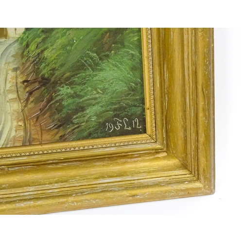 101 - Early 20th century, Oil on canvas, A lake scene with a thatched cottage. Signed with initials FL and... 