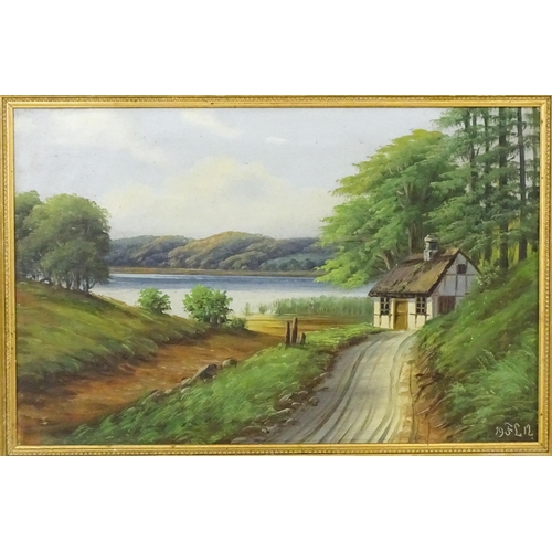 101 - Early 20th century, Oil on canvas, A lake scene with a thatched cottage. Signed with initials FL and... 