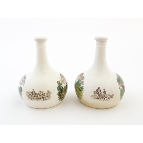 120 - A pair of Copeland Spode lidded bottle vases / flagons decorated with country scenes. Marked under. ... 