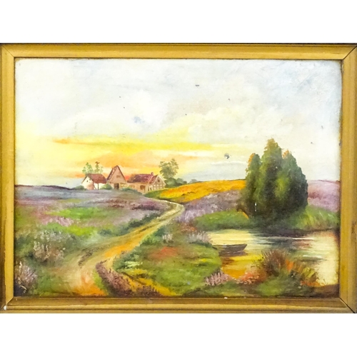 316 - P. Franks, Early 20th century, Oil on canvas, A country landscape at sunset with cottages beyond. Si... 