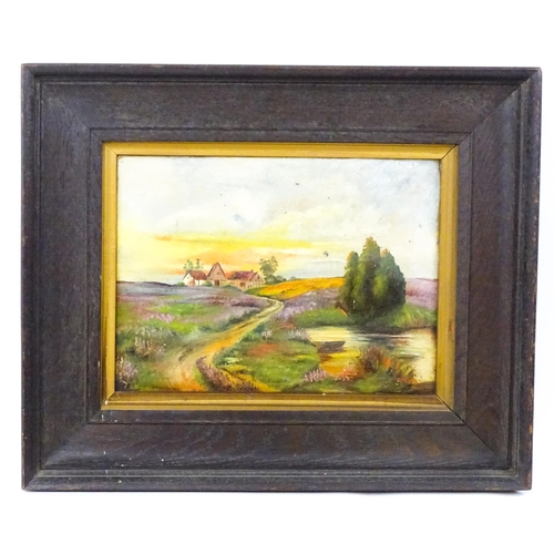 316 - P. Franks, Early 20th century, Oil on canvas, A country landscape at sunset with cottages beyond. Si... 