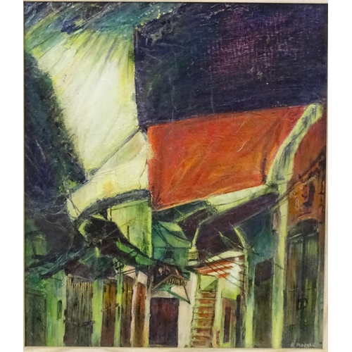 319 - E. Morgan, 20th century, Oil on board, An abstract street scene. Signed lower right. Approx. 15